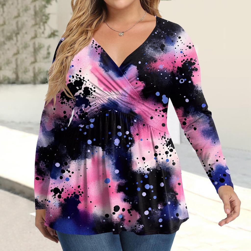 Women's Plus Size Shirt Long Sleeve  Print Top Pleated Casual V-Neck Top