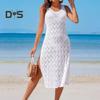 Sommerliches ausgehöhltes gestricktes Strandkleid für Damen, sexy V-Ausschnitt, ärmelloses Cami-Kleid, Boho-Überzugskleid, Sommer-Strandparty-Sommerkleid