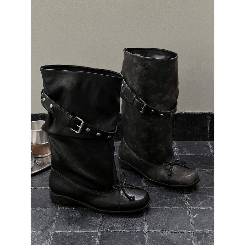 Retro Riveted Pants Boots Autumn New Fashion Bow Spice Girl Wasteland Wind Black Thick Heel Pile Boots