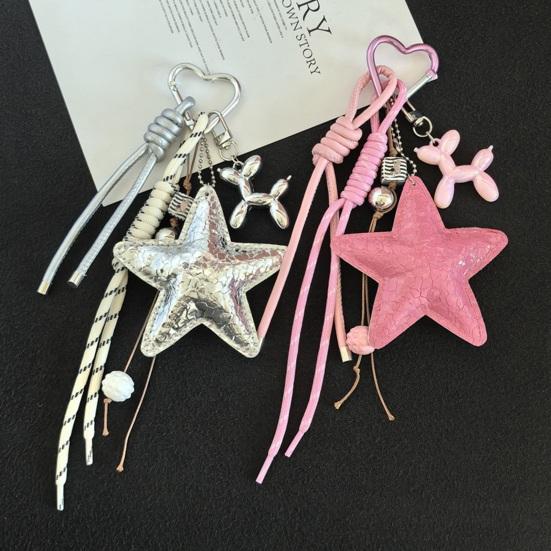 Keychain Pendant Matte-Glossy Finish Imitation Leather Five-Pointed Star Key Chain with Metal Heart Buckle