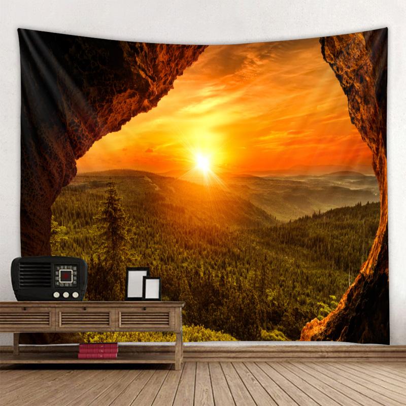 Rock Cave Sunrise 3d Printing Tapestry Reef Rock Cave Sea View Wall Hanging Living Room Bedroom Hall Tapestry Mural 6 Sizes