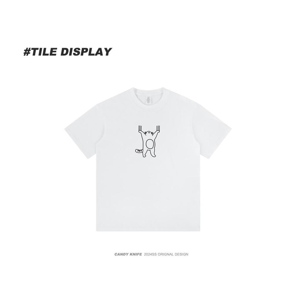 2024 Summer Creative Cartoon Print Loose Short Sleeve Trendy Round Neck Casual Shirt