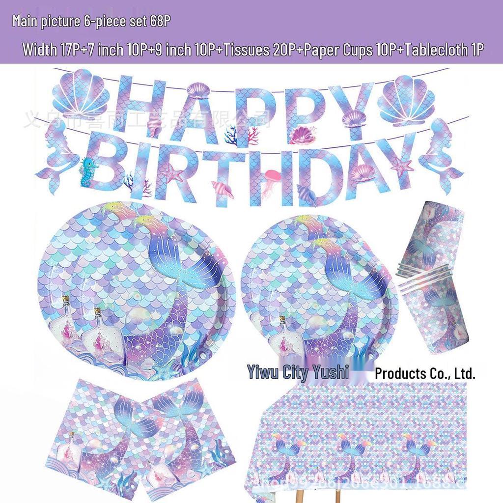 Pink Mermaid Birthday Party Set: Tablecloth, Plates, Cups, Balloons, and Cutlery
