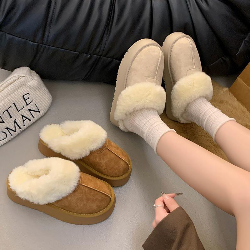 Women's Hairy Mouth Soft Bottom Large Size Thickened Winter Warm Fur One Padded Lining Ankle Boots Non-slip Baotou Cotton Half Slippers