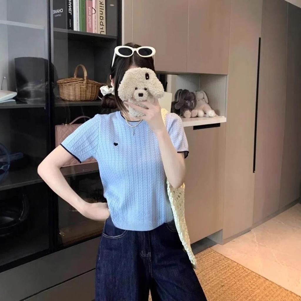 Chic Color Block Crew Neck Short Sleeve Knitted T-Shirt for Women - Preppy Style Summer 2025