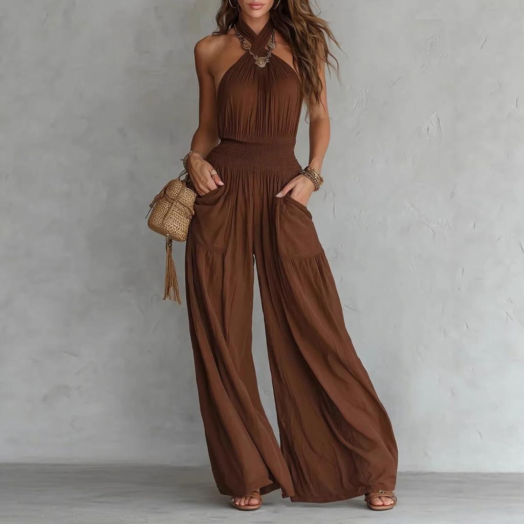 Ärmelloser Rückenfreier Jumpsuit für Damen, Neckholder, Weites Bein, Mit Taschen, Lässiger Lockerer Einteiler
