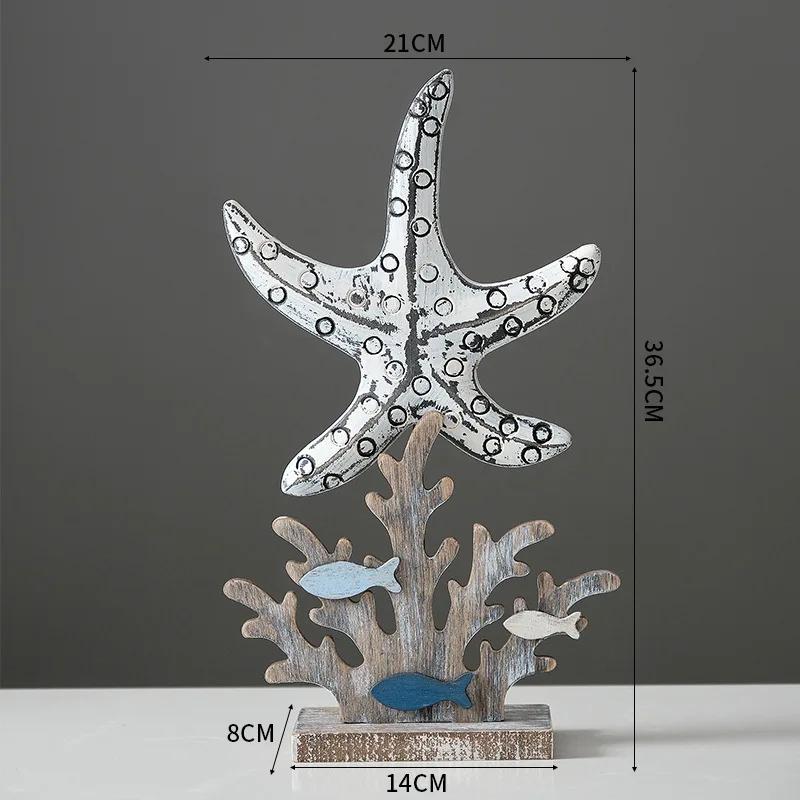 Mediterranean Wood Fish Coral Statue Shell Miniature,Ocean Animal Crafts Ornaments Living Room Children's Bedroom Decoration