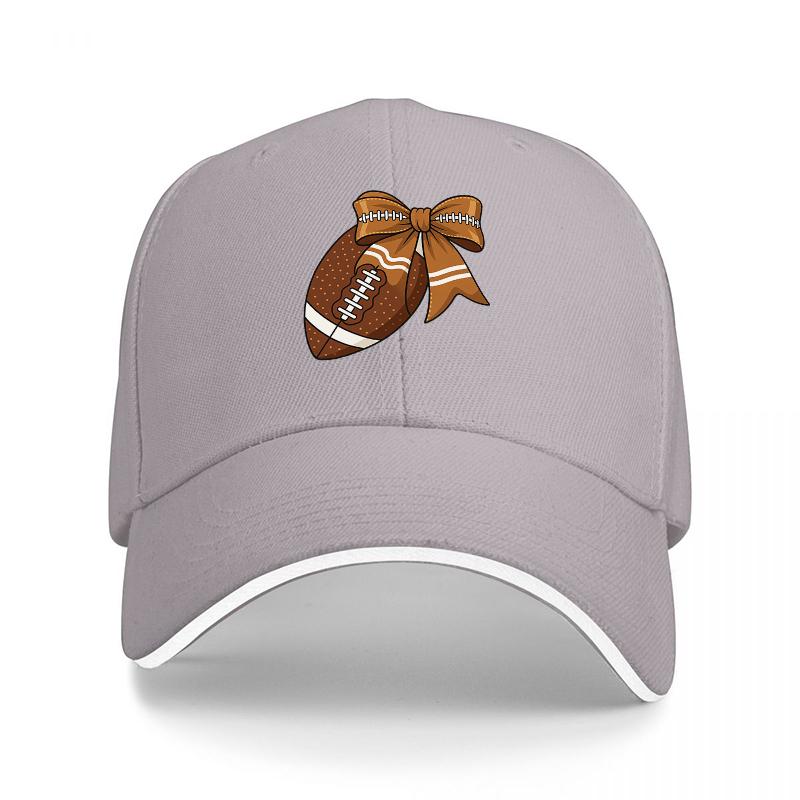 Football Bow Design Baseball Cap with Brown Ribbon and White Stripe Pattern on Black Adjustable Hat for Sports Fans