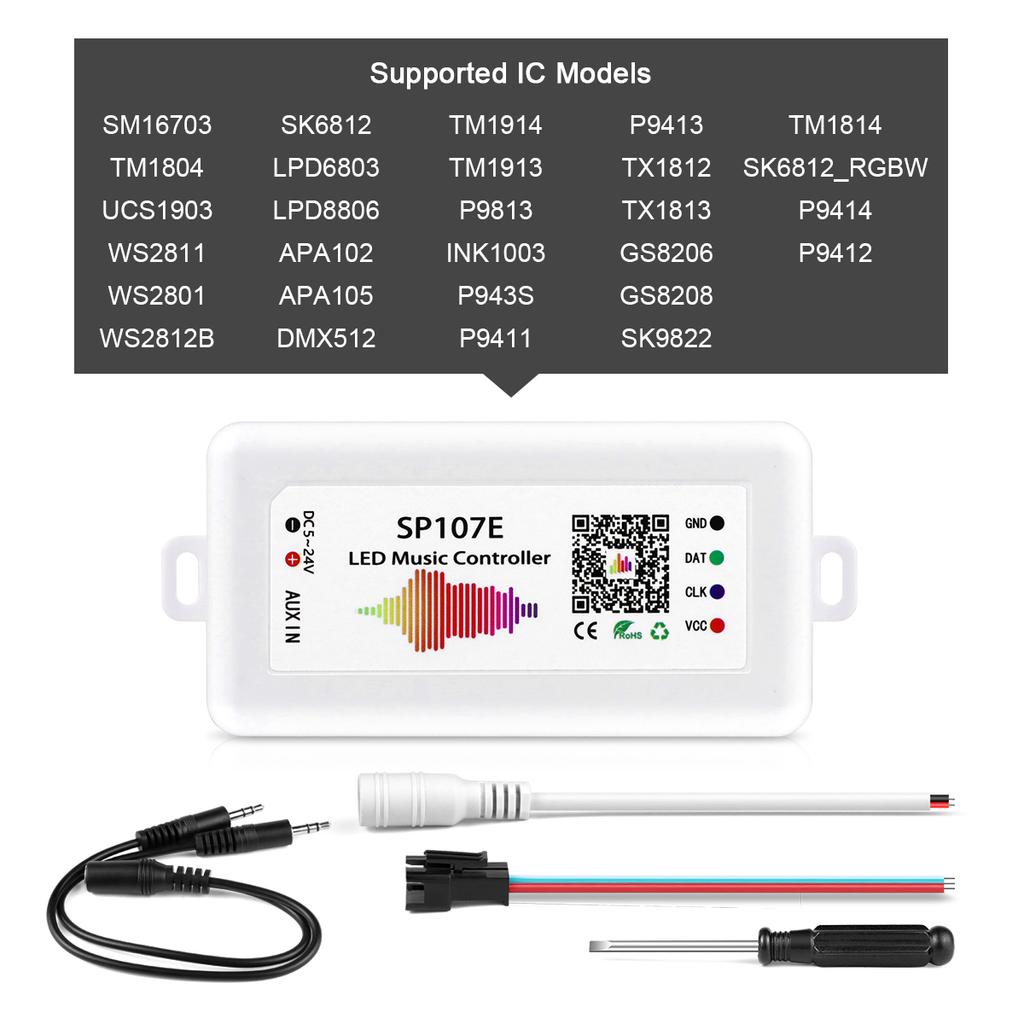 WS2812B WS2811 Pixels LED Strip Light Controller SP107E DC5-24V Addressable RGBIC Bluetooth / Music Controller