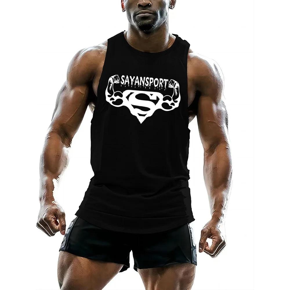 Summer Sports Breathable Sleeveless Vest Gym Fashion Casual Vest Tops Quick Dry Men's Fitness Barbell Print Running Shirt Vest