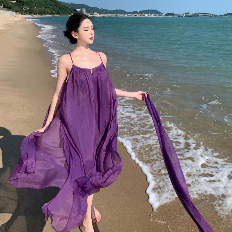 Travel Clothes Backless Dress Summer Thin Purple Fairy Dress Photo Seaside Vacation Beach Dress