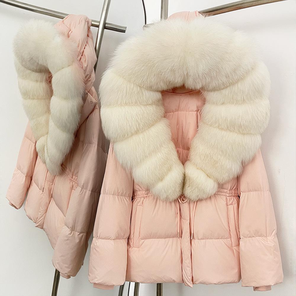 Removable oversized fox fur collar women's short down jacket women's winter new hooded waist and thin fur jacket