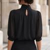 Women's High Neck Mesh Blouse with Puff Sleeves and Three-Quarter Length Sleeves