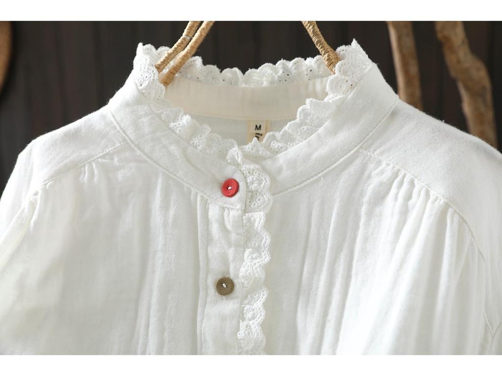 2026 Spring Lace Button Women's Double Layer Cotton Gauze White Shirt - Versatile & Age-Reducing