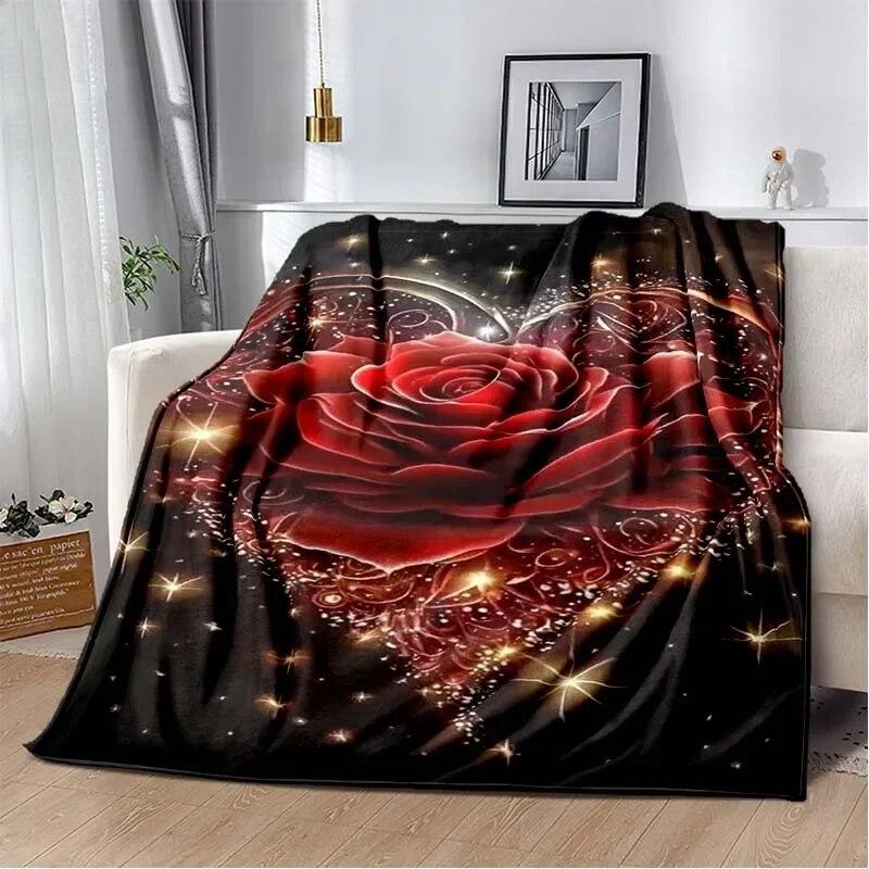 Patterned Red Rose Lightweight Flannel Blanket ,Warm Soft Cozy Blanket Home Decor Birthday Gift For All Season Blanket