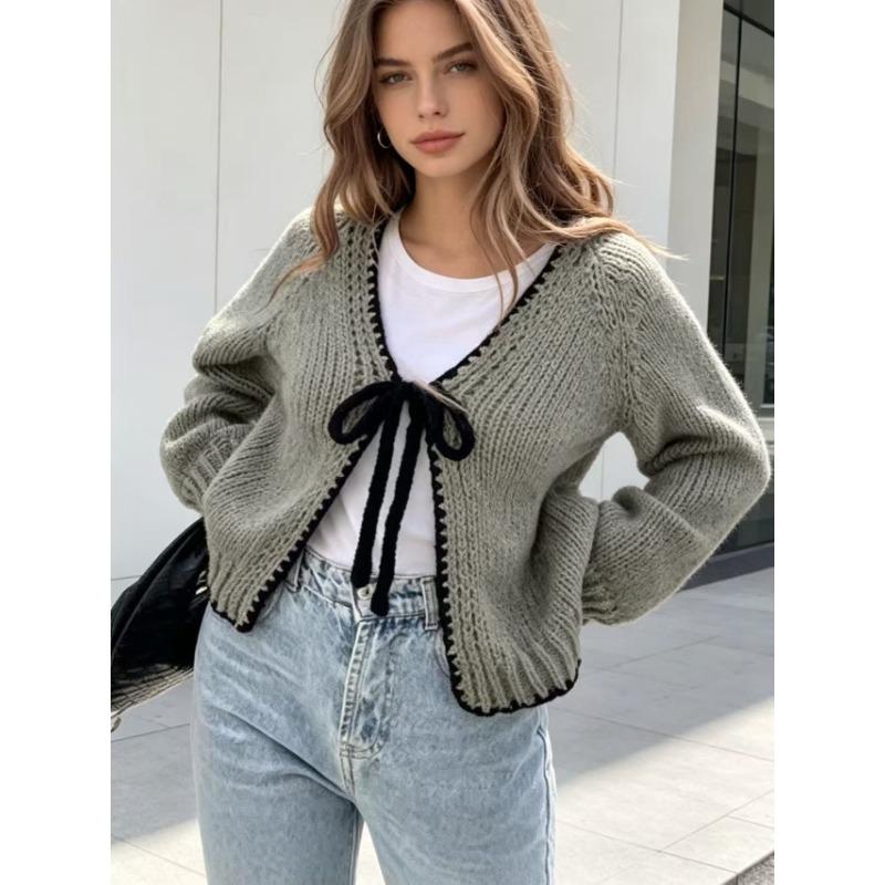 Women S V Neck Tie Front Loose Long Sleeve Knit Cardigan Sweater