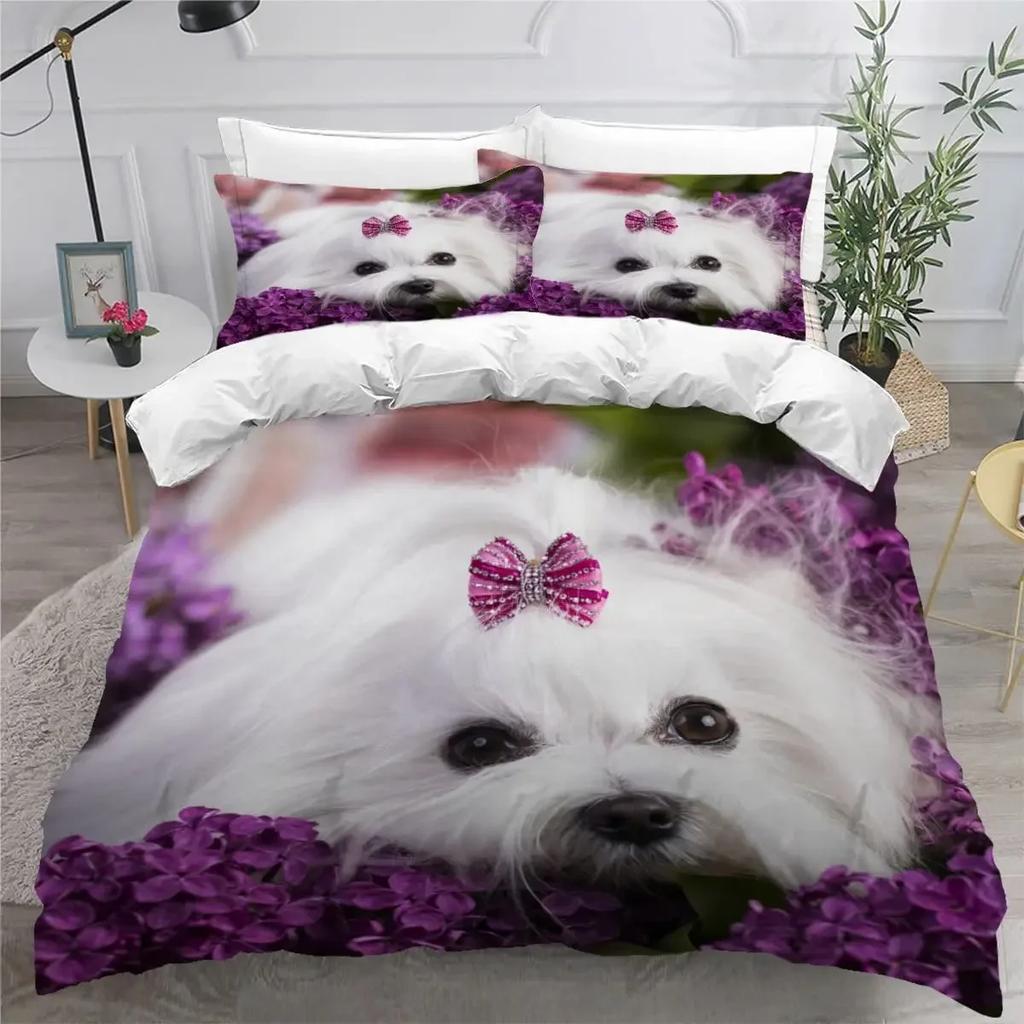 Sött Påslakanset med Maltesisk Hund Husdjur Hundar Tema Sängkläder Mikrofiber Kawaii Djur Täcke Överdrag Twin King För Barn Tonåringar