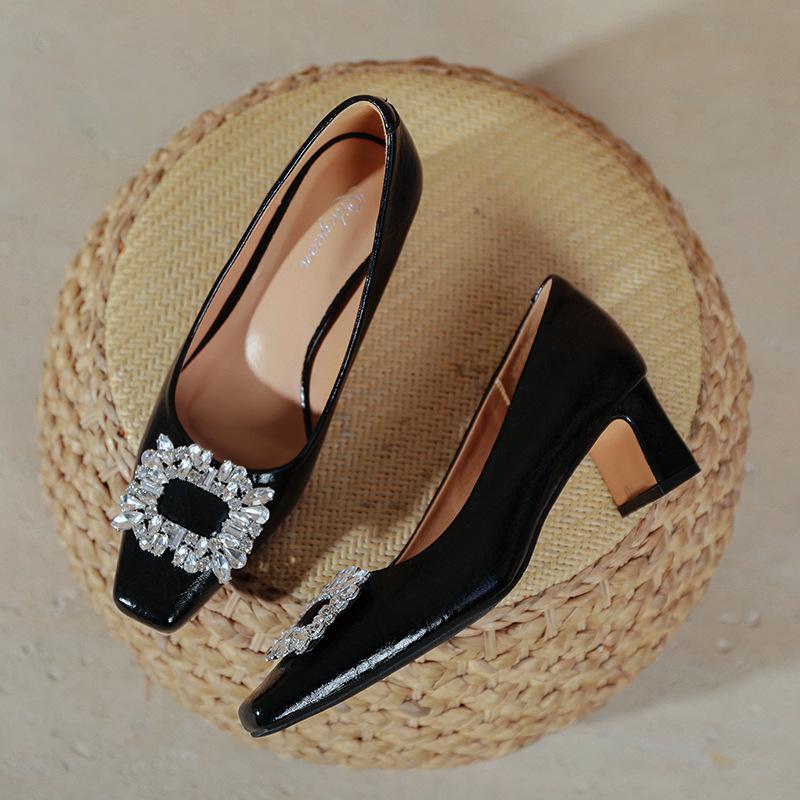 Square head high heels thick heel spring and autumn large size shoes rhinestone square buckle burgundy medium heel light mouth single shoes