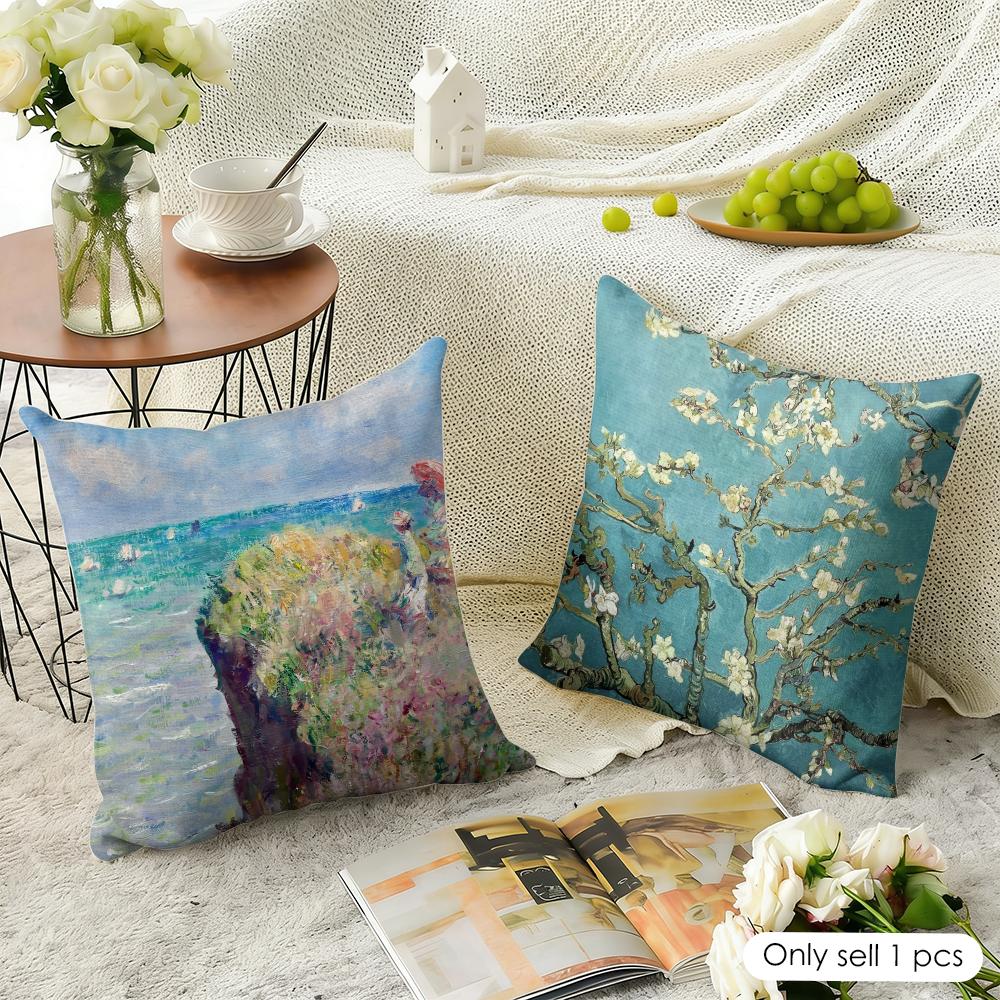 Claude Monet Oil Art Cushion Cover Natural Linen Organic Fabric Double-Sided Printing Sofa Home Decor Gift Pillow Case