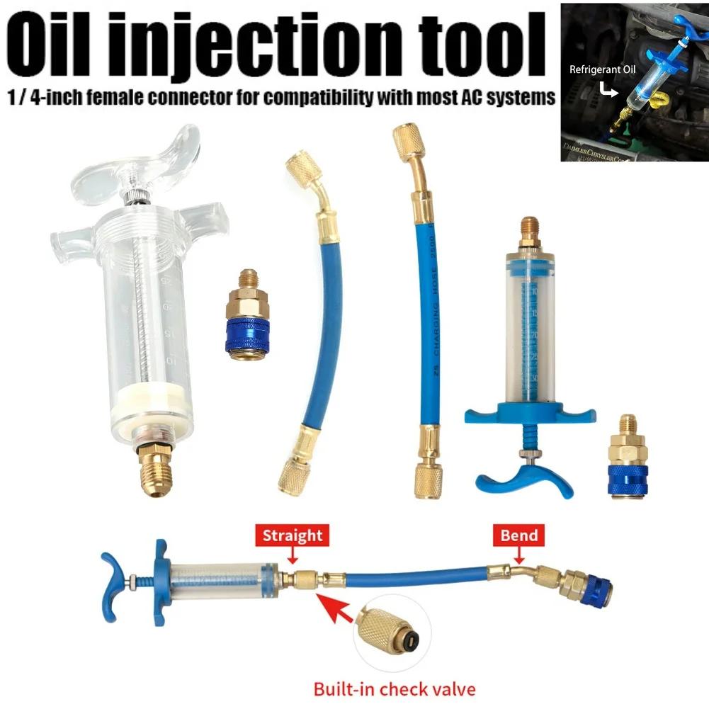 Car A/C Oil/Dye Injection 30Ml 1Oz With R-134A Low Side Quick Coupler Adapter 1/4 Air Conditioning Auto Manual Oiler Syringe