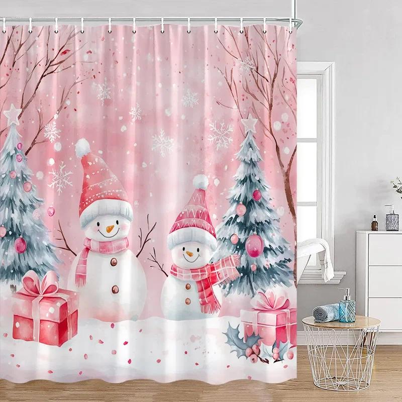 Pink Christmas Snowman Shower Curtains Winter Forest Watercolour Art Xmas New Year Home Bathroom Curtain Decoration With Hooks
