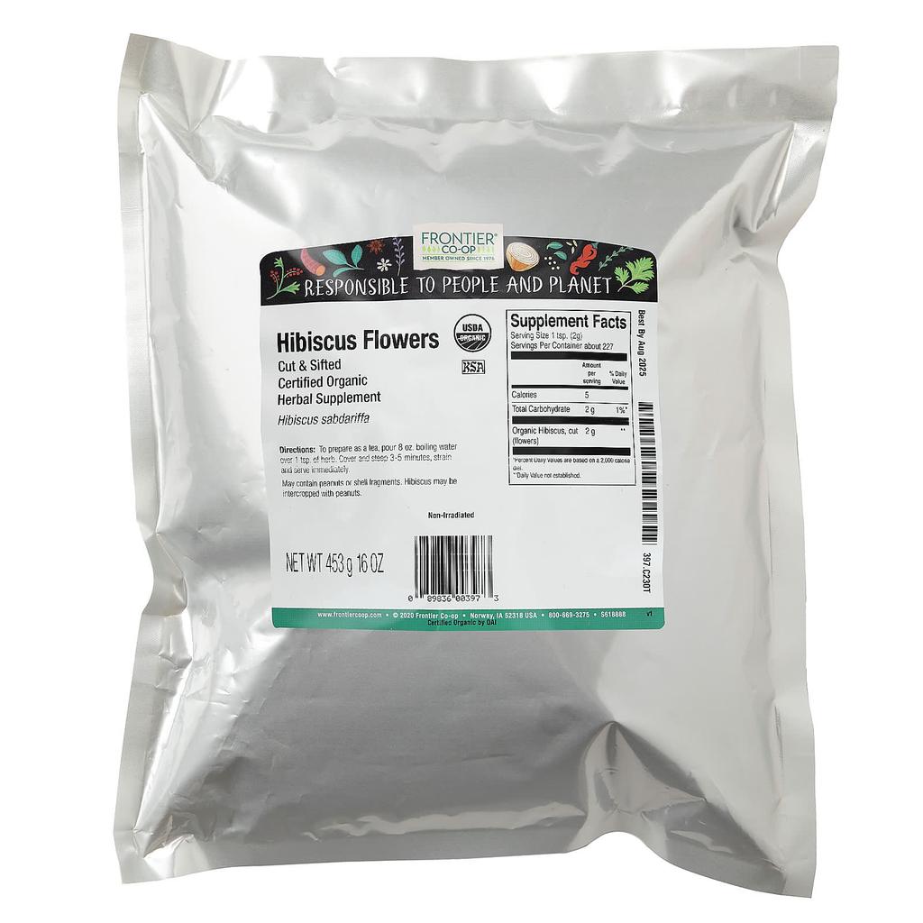 Frontier Co-op Organic Hibiscus Flower, Cut and Strained, 453G (16Oz)