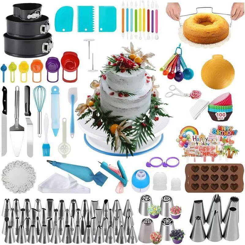 390-Piece Cake Decorating Kit With Rotating Turntable TPU Piping Bags Stainless Steel Tips Non-Electric Baking Tools