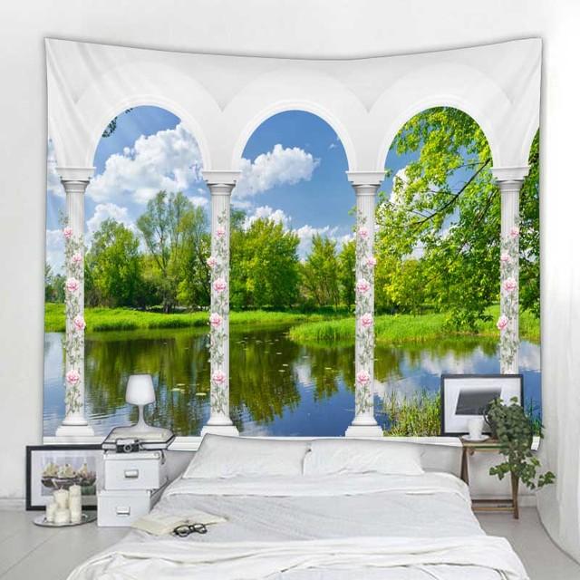 Балконное окно пейзаж гобелен настенный в стиле бохо простыня диван одеяло эстетика гостиная спальня украшение стены