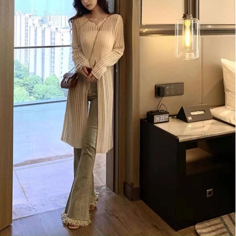 Elegant V-neck Hollow Knitted Long Sweater Dress Women Fashion High Split Spring Summer Casual Simple Solid  Sunscreen Thin Blouse See Through Dresses