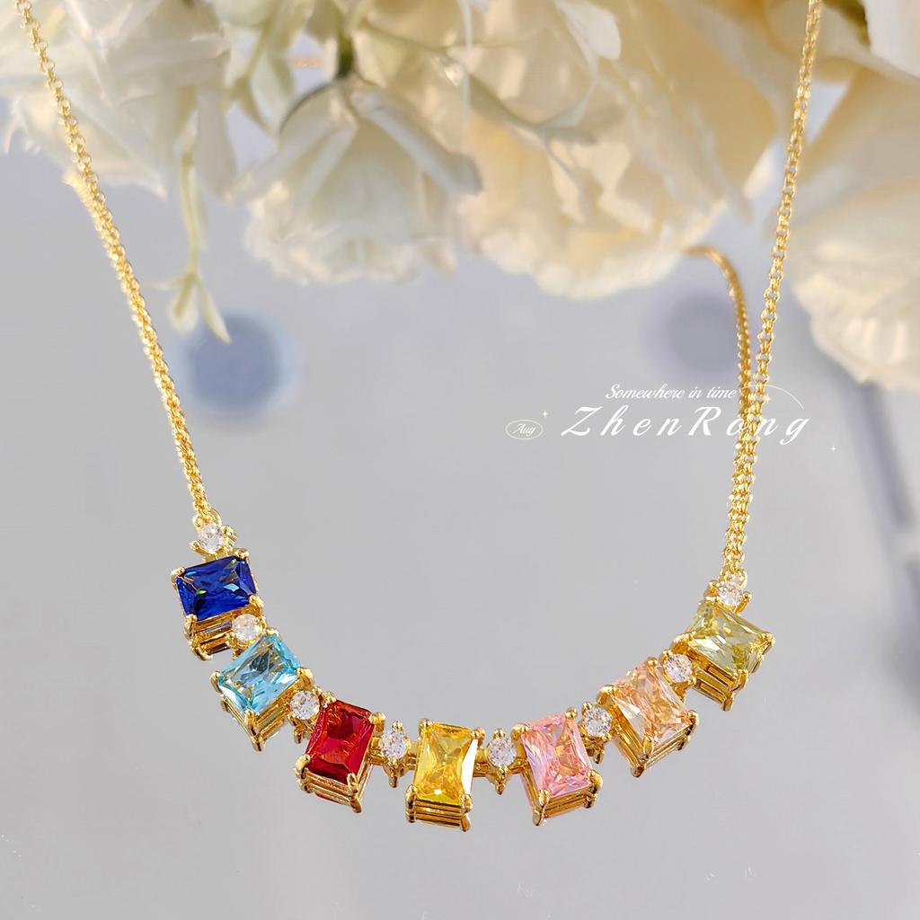 French Light Luxury Fashion Colorful Diamond Necklace Niche Design Simple Versatile Sugar Cube Rainbow Pendant Woman