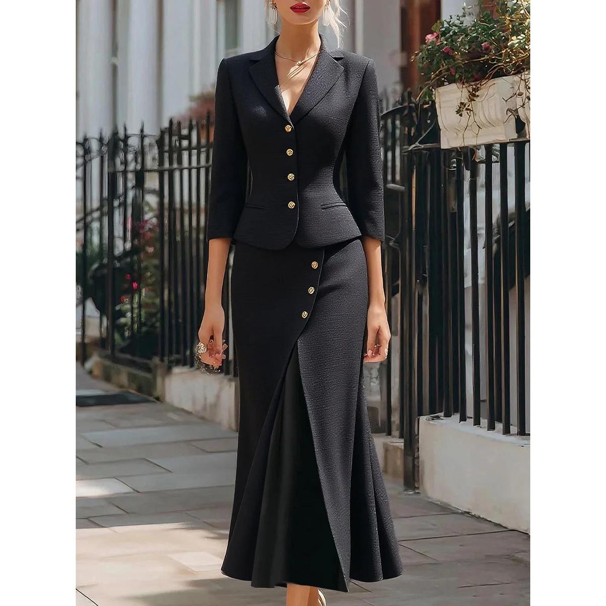 

European American Women s Fall Winter Solid Color Two Piece Set, Single Breasted Three Quarter Sleeve Blazer + Button Split Midi Skirt Suit XXL чорний
