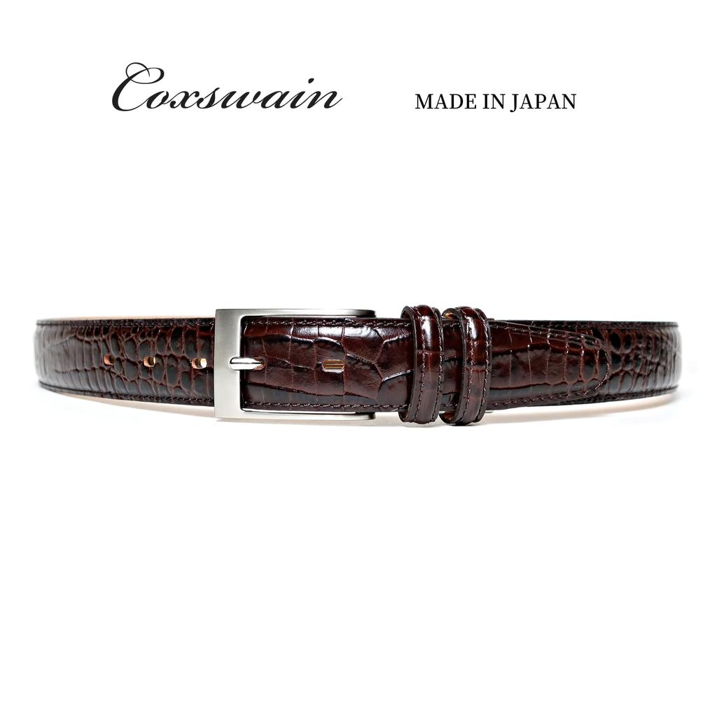 [COXSWAIN] Coxwain Men's Leather Belt, Dark Brown, Crocodile Embossed, 30mm Width, Made In Japan, CW20203-39