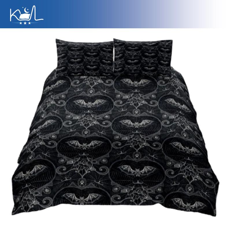 Gothic Bat Print 3 Piece Bedding Set, Dark Aesthetic Duvet Cover with Pillowcase, Creepy Halloween Home Textile for Bedroom Deco