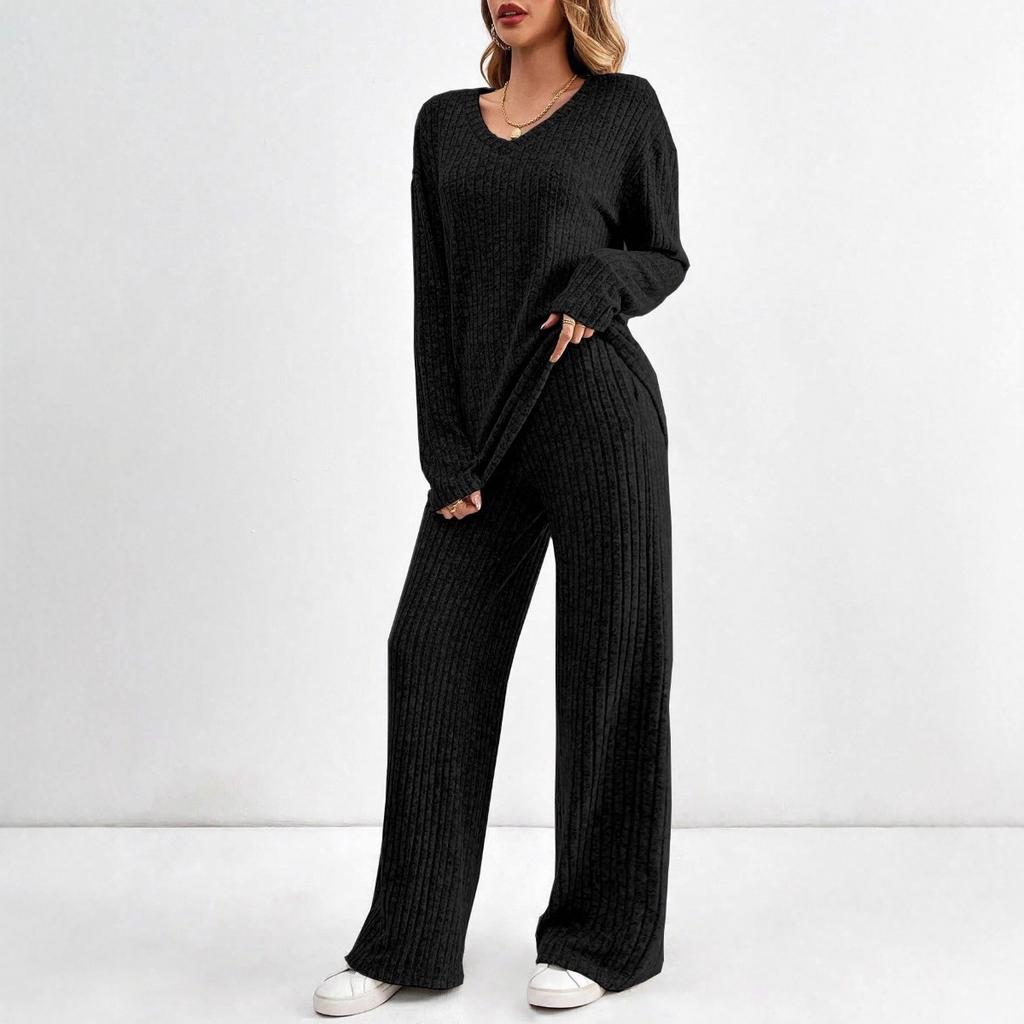 Conjunto de Ropa para el Hogar Casual de Moda para Mujer Otoño e Invierno con Rayas de Piqué y Arenado, Conjunto para Mujer Otoño e Invierno