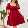 BITCED Plus Size Solid Color Casual Resort Dress Travel Square Neckline Ruffled Puff Sleeve Dress