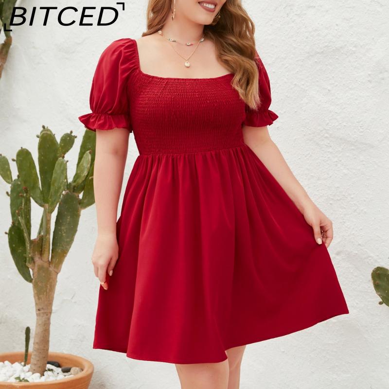 BITCED Plus Size Solid Color Casual Resort Dress Travel Square Neckline Ruffled Puff Sleeve Dress