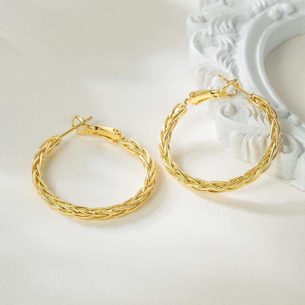 Cercei Aur Rotunzi 14K Gold Woven Hoop Earrings for Women, Unique Elegant Simple Fashion Earrings