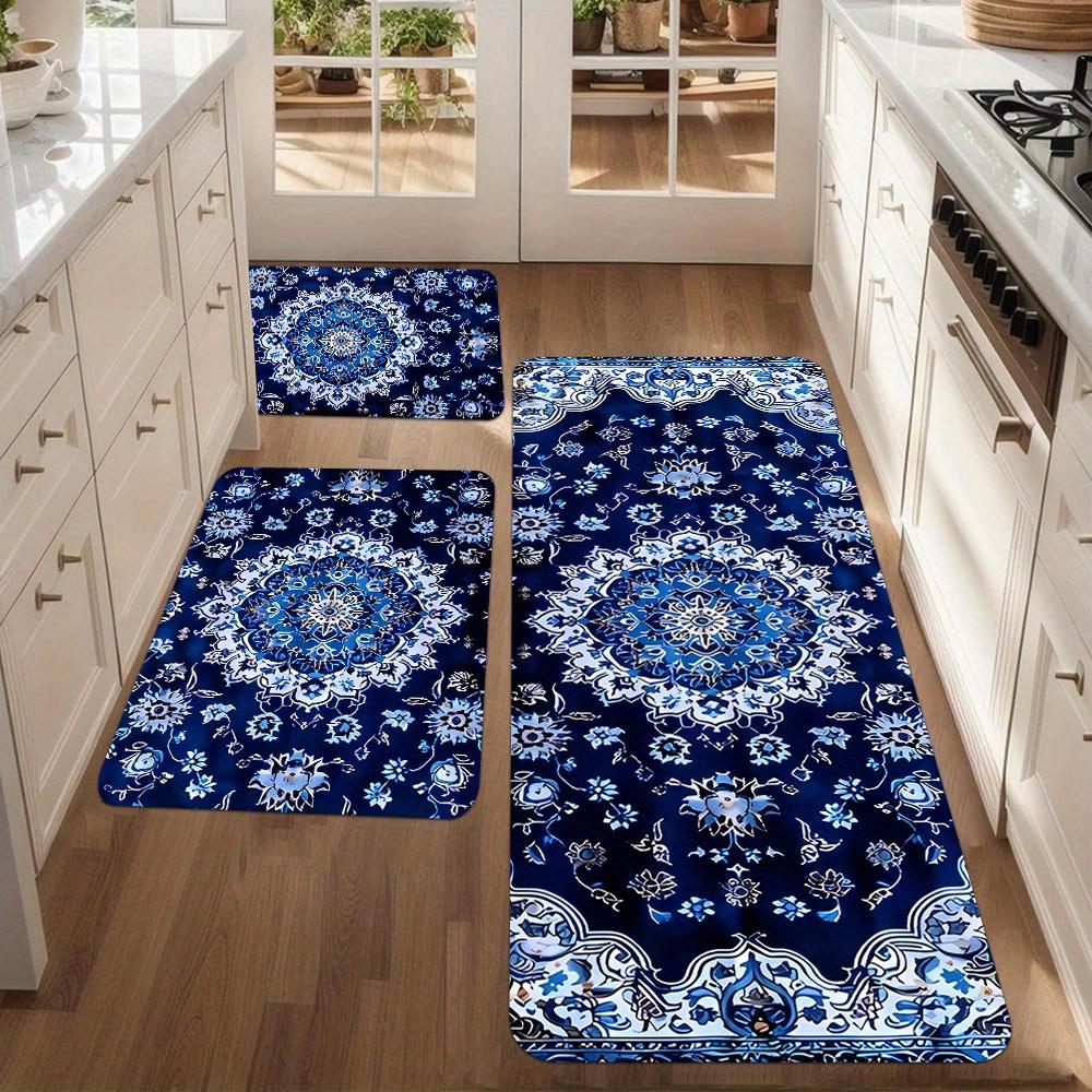 1Pcs Anti Fatigue Kitchen Rugs, Bohemian Blue Print Waterproof Non-Slip Thick Cushioned Kitchen Mat Heavy Duty Comfort Standing Mat for Kitchen