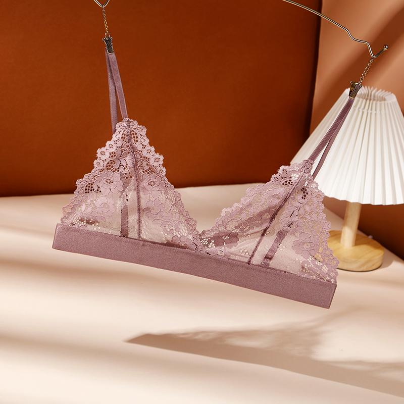 Blonde-BH uten stålring tube-topp tynn uten brystinnlegg dyp V-BH blonder blomstret sexy BH Bralette undertøy