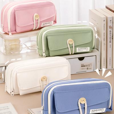 Fashion Pencil Cases Solid Color Canvas Beautiful Pencil Cases Three Layers Pencil Bags Student Teacher Stationery Holder