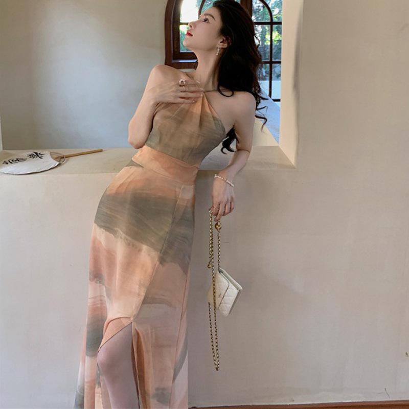 Neck Printed Suspender Dress Spring and Summer New Women's Chiffon Split Halter Vacation Skirt