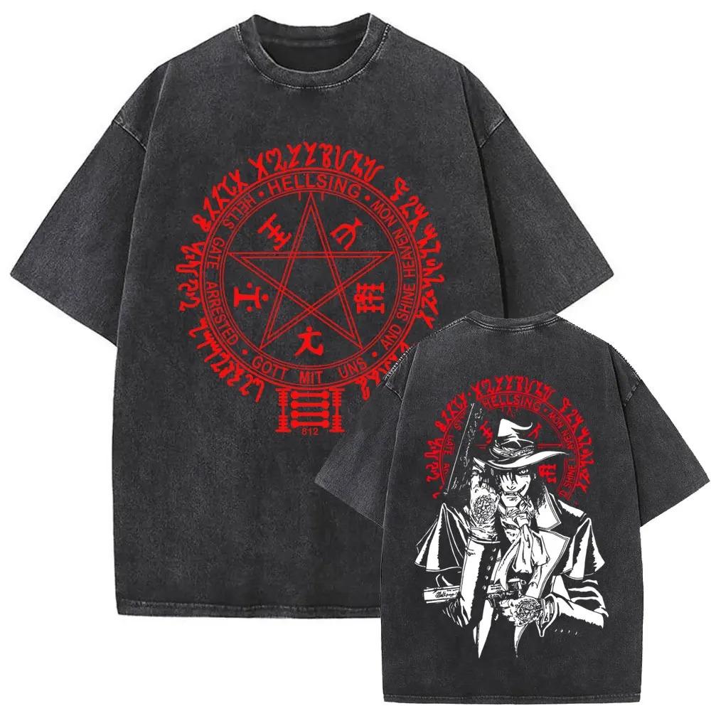 Hot Sale Anime Hellsing Abraham Van Helsing Vampire Alucard Print Tshirt Men Women Vintage Washed Cotton Summer Tee Oversize Top