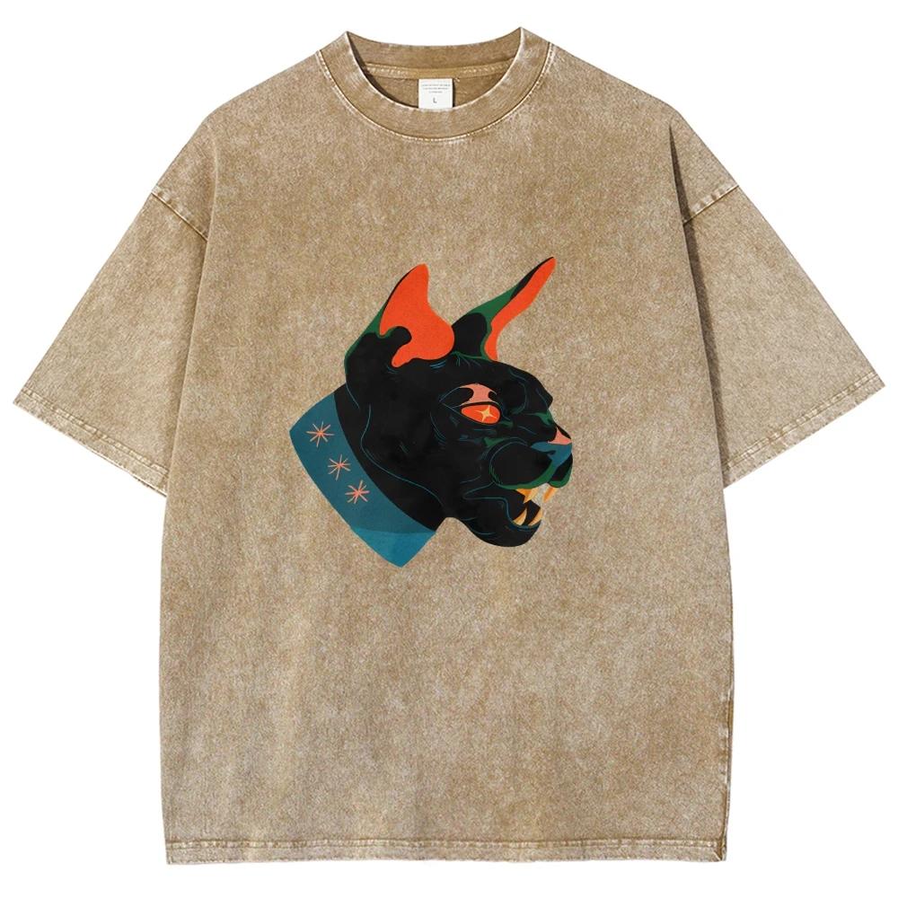 Unisex Fit Washed T-Shirt Cool Cat Tees Shirts Men Women Short Sleeve T-shirts Cotton Oversized Y2K T-shirt Streetwear
