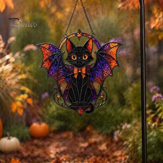 Cute Animal Themed Gift Halloween Bat Cat Suncatcher, Stained Glass Style Acrylic Sun Catcher, Gothic Home Wall Ornament Black Hanging for Window