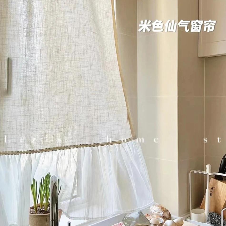Linen Blending Spliced chiffon Curtains Road Pocket Shade Curtain for Kitchen Bedroom Living Room Bay Window Cabinet Curtain