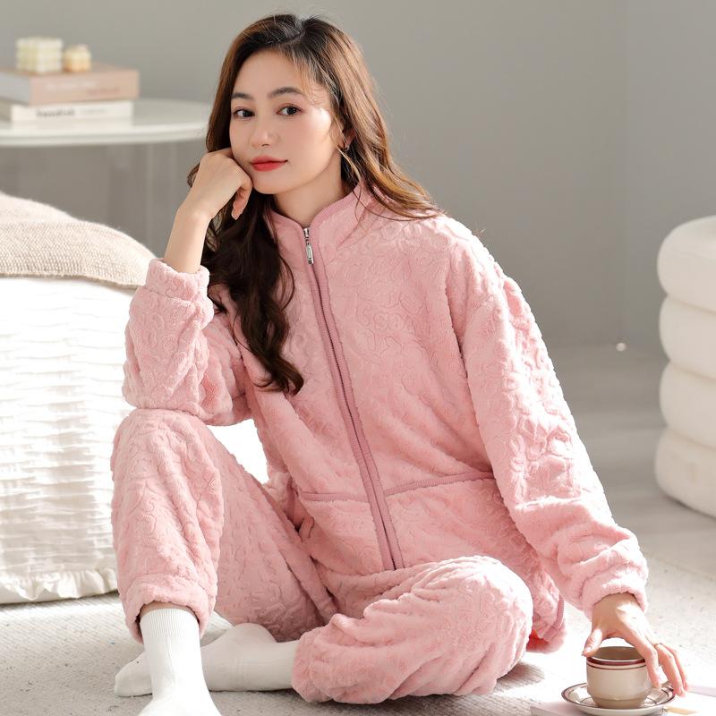 Pyjama Damen Winter Korallenfleece Verdicktes Fleece Herbst und Winter Flanell Winter Thermische Loungewear