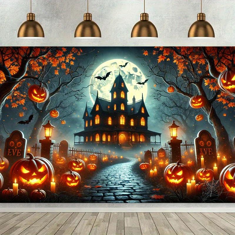 Halloween Haunted House Pumpkin Background Spooky Moonlight Scene Wall Hanging Home Office Outdoor and Party Decoration Tapestry 100X70CM