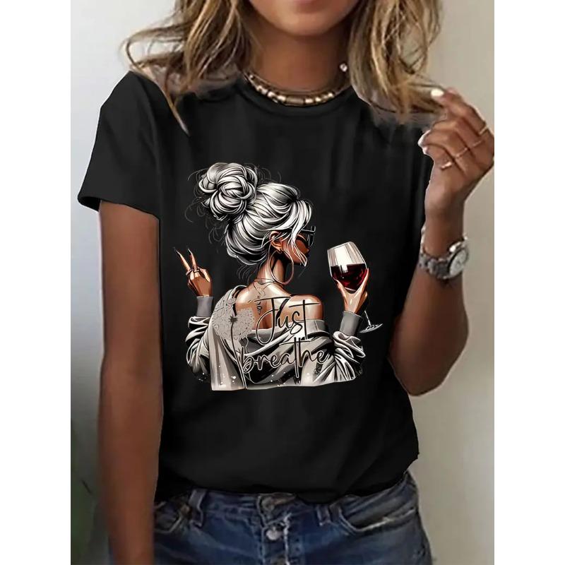 

Women s Hot Sale Fashion Tshirt Artistic Wine Drink T-shirt Print Short Sleeve Clothing Top Tee S