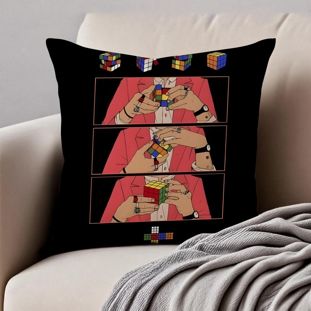 Creative Magic Cube Puzzle Design Art Cushion Cover Pillowcase Antidustmite Invisible Zipper Short Plush Sofa Cushion
