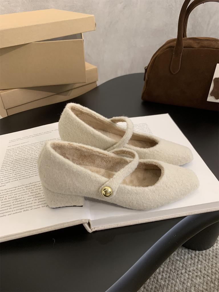 Medium velvet Mary Jane outer wear autumn and winter square head single shoes high heels evening shoes shoes fluffy shoes women